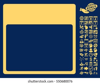 Calendar Page Template icon with bonus calendar and time management graphic icons. Vector illustration style is flat iconic symbols, yellow, blue background.