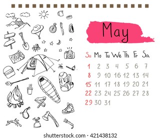 Calendar page template for May month with hand drawn doodles of backpacking gear. EPS 10.