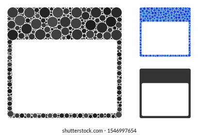 Calendar page template mosaic of round dots in different sizes and shades, based on calendar page template icon. Vector round dots are united into blue composition.