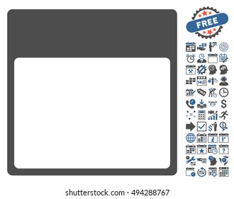 Calendar Page Template pictograph with bonus calendar and time management symbols. Vector illustration style is flat iconic bicolor symbols, cobalt and gray colors, white background.