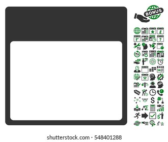 Calendar Page Template pictograph with bonus calendar and time management pictograms. Vector illustration style is flat iconic symbols, green and gray, white background.