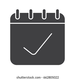 Calendar page with tick mark glyph icon. Completed day schedule. Take a note silhouette symbol. Negative space. Vector isolated illustration