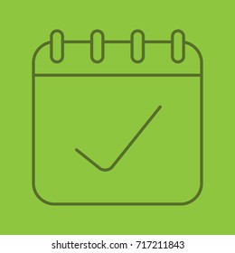 Calendar page with tick mark linear icon. Completed day schedule. Take a note. Thin line outline symbols on color background. Vector illustration