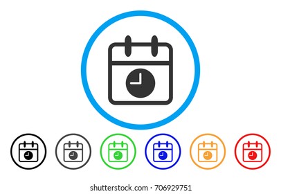 Calendar Page And Time vector rounded icon. Image style is a flat gray icon symbol inside a blue circle. Additional color versions are grey, black, blue, green, red, orange.