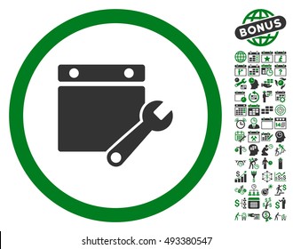 Calendar Page Tuning Wrench icon with bonus calendar and time management pictograph collection. Vector illustration style is flat iconic bicolor symbols, green and gray colors, white background.