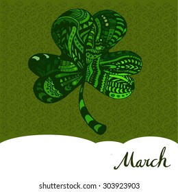 Calendar page in vector format. March. At the heart of the clover pattern. A characteristic feature of feast of St. Patrick. Hand drawing. In shades of green