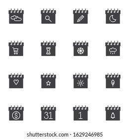 Calendar page vector icons set, modern solid symbol collection, event reminder filled style pictogram pack. Signs, logo illustration. Set includes icons as shopping day, sunny weather,  favorite day 