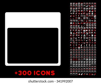 Calendar Page vector pictogram with additional 300 date and time management icons. Style is bicolor flat symbols, red and white colors, rounded angles, black background.