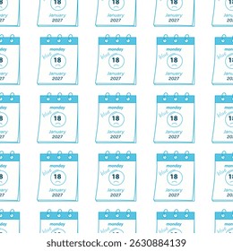 Calendar pages with blue monday date in 2028 Seamless Pattern Sad emoticon and Hand drawn text blue
