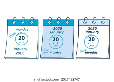 Calendar pages on a spring with the date 2025, January 20 sad emoticon and hand lettering blue Set 3