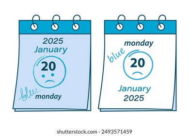 Calendar pages on spring with inscription 2025 January 20, Monday, sad emoticon and lettering blue