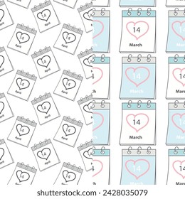 Calendar pages seamless pattern of White and Black Day date 14 March and 14 April. Set of 2. Isolate