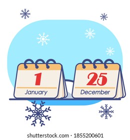 Kalenderseiten auf weißem, isoliertem Hintergrund. Weihnachtsurlaub-Postkarte für Einladung oder Geschenkkarte, Notizbuch, Badziegel, Scrapbook. Telefongehäuse oder Stoffdruck. Flache Stockvektorgrafik