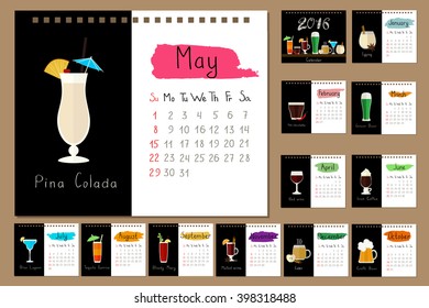 Calendar pages templates with flat icons of seasonal beverages and cocktails. 2016 year. Week starts on Sunday.
