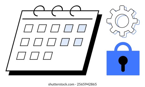 Calendar paired with a gear symbol and padlock. Ideal for time management, schedules, planning, security, and settings themes. Simplistic, modern vector style with blue and white colours