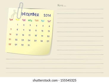 Calendar paper note of month on december 2014