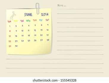 Calendar paper note of month on june 2014