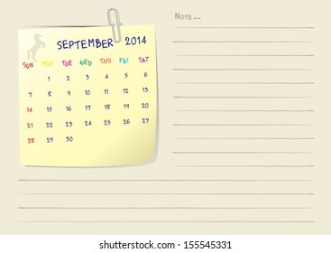 Calendar paper note of month on septrmber 2014