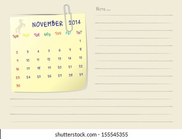Calendar paper note of month on november 2014