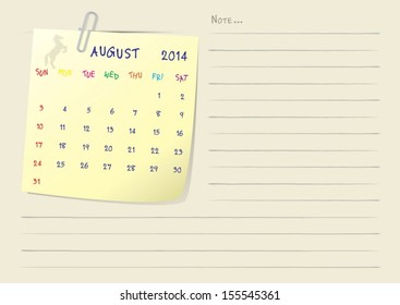 Calendar paper note of month on august 2014
