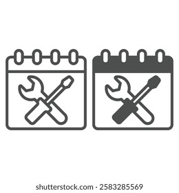 Calendar paper with repair date line and solid icon, master service labor concept. Vector graphics. Screwdriver and wrench page sign on white background, outline style icon for mobile or web design