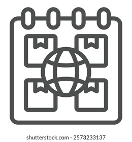 Calendar with parcels and globe line icon, international delivery concept. Vector graphics. Page and planet, boxes sign on white background, outline style icon for mobile or web design