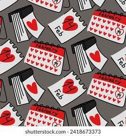 Patrón de calendario con páginas en corazones, muchas páginas de garabatos planos. La página del calendario para el Día de San Valentín. El negocio es un adorno de doodle vectorial plano. Día de San Valentín, 14 de febrero. Calendario en gris