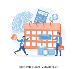 Calendar with payday date,  Handsome boss holding paycheck. Happy male worker getting salary, Payroll. flat vector modern illustration  