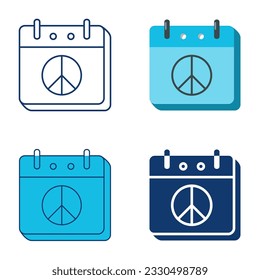 Calendar with peace sign icon set in flat and line style. Day of peace, pacifism symbol. Vector illustration.