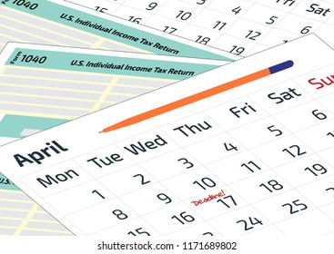 A calendar, a pen and 1040 income tax form. 2019, 2020 Tax Form 1040 and a calendar. Tax Day on April 17, the calendar with the word Deadline.
