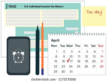 A calendar, a pen and 1040 income tax form. 2019, 2020 Tax Form 1040, mobile phone, post it note and a calendar. Tax Day on April 17. An overhead vector illustration, top view