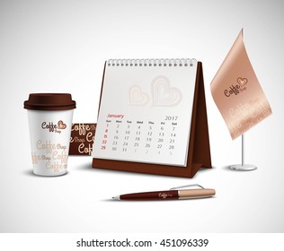 Calendar pen flag and glass corporate identity mockup set with design for coffee shop on light background realistic vector illustration