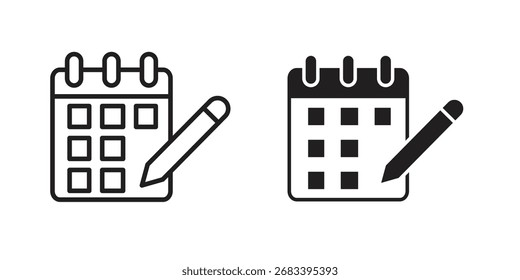 Ícone de caneta do calendário pacote de estilo plano e traçado no plano de fundo branco. Ilustrações vetoriais