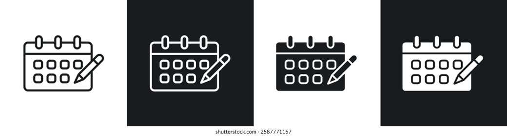 Calendar pen icon set black and white colors. Graphic Vector icons pack