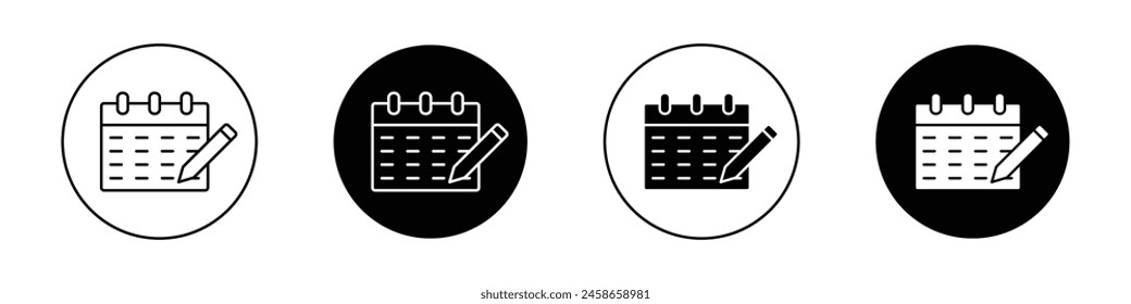 Calendar pen icon set. event schedule pictogram. year, month or day date calendar vector symbol. agenda sign. appointment reminder icon in black filled and outlined style.