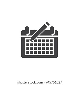 Calendar and pen icon vector, filled flat sign, solid pictogram isolated on white. Time management symbol, logo illustration.