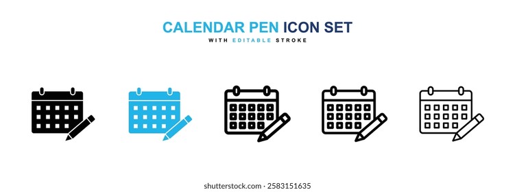 Calendar pen icons vector collection in black and blue colors on white background