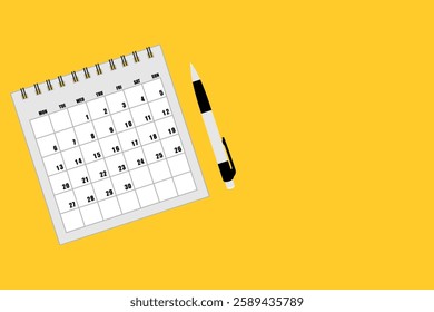 Calendar and pen on solid yellow background with copy space concept, business, travel or project planning, schedule appointment or year plan concept