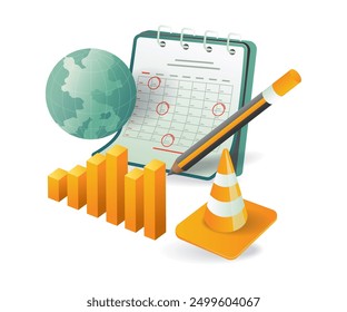 A calendar, pencil, and construction equipment laid out on a table, symbolizing a business plan