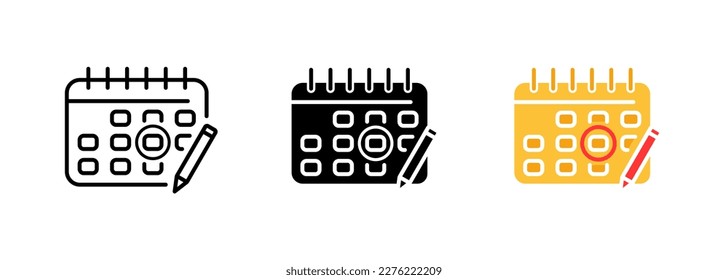 Calendario con un icono de lápiz, que puede representar la programación, planificación o el acto de escribir fechas o eventos importantes. Conjunto vectorial de iconos en línea, de color y negro aislados.