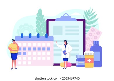 Calendar for pharmacy medicine, vector illustration. Woman doctor character help female patient in hospital, medication schedule form.