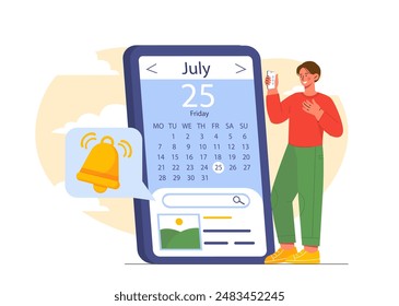 Calendario en el teléfono. Hombre cerca del teléfono móvil con organizador. Gestión del tiempo y organización del proceso de trabajo efectivo. Hacer citas. Ilustración vectorial plana aislada sobre fondo blanco