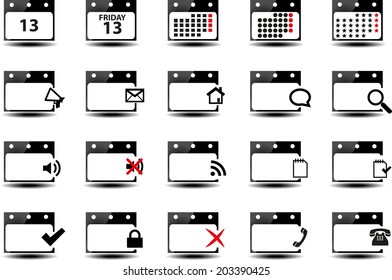 Calendar pictogram with multiple simple simbols and graphics