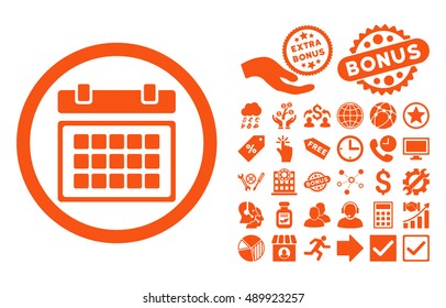 Calendar pictograph with bonus clip art. Vector illustration style is flat iconic symbols, orange color, white background.