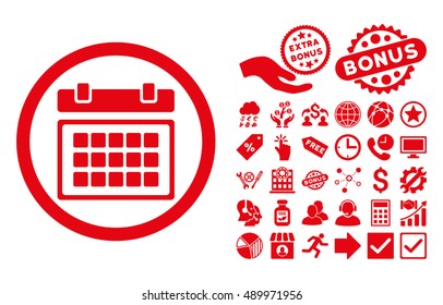 Calendar pictograph with bonus icon set. Vector illustration style is flat iconic symbols, red color, white background.