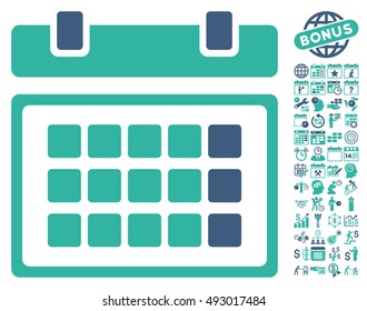 Calendar pictograph with bonus calendar and time management clip art. Vector illustration style is flat iconic bicolor symbols, cobalt and cyan colors, white background.