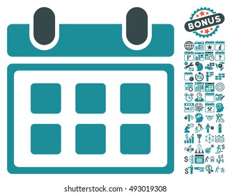 Calendar pictograph with bonus calendar and time management design elements. Vector illustration style is flat iconic bicolor symbols, soft blue colors, white background.