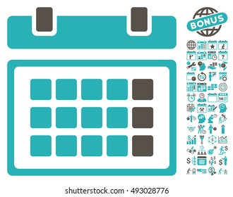 Calendar pictograph with bonus calendar and time management clip art. Vector illustration style is flat iconic bicolor symbols, grey and cyan colors, white background.