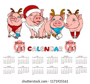 Calendar with pigs in Christmas costumes, vector illustration