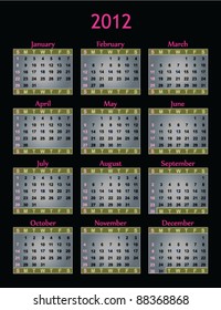 Calendar with pink on black with silver  for 2012 year